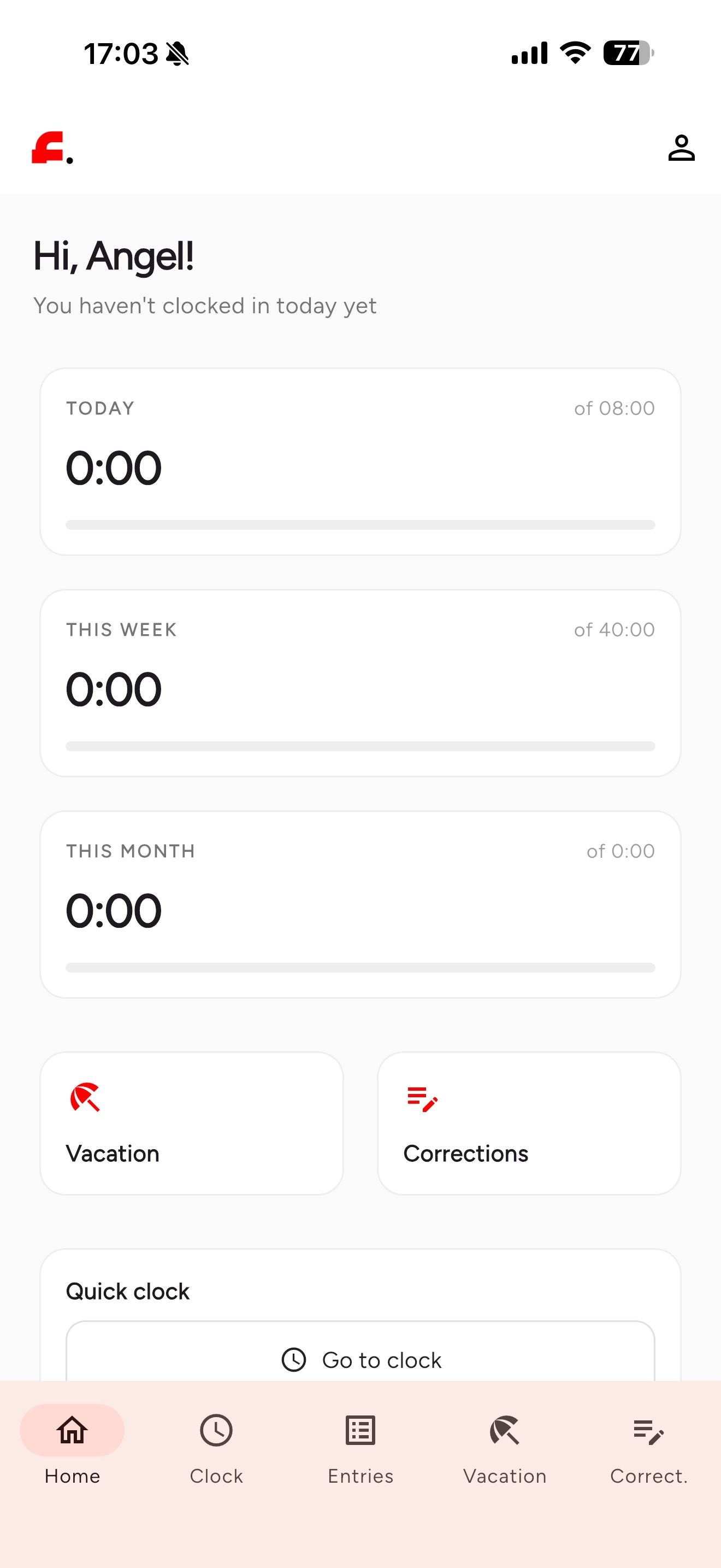 App móvil de Ficharix: pantalla de inicio con horas de hoy, esta semana y este mes, accesos a vacaciones y correcciones, y barra de navegación
