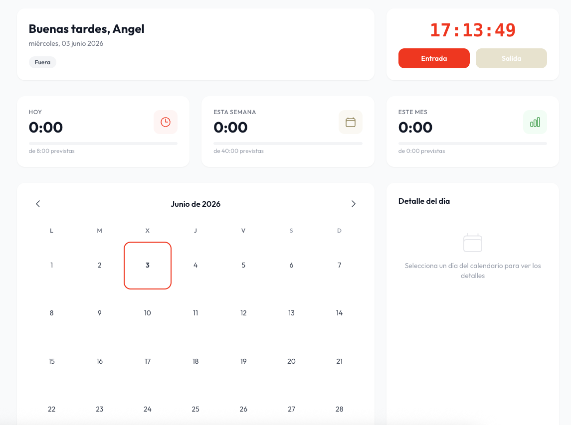 Panel de Ficharix: fichaje de entrada/salida, resumen de horas de hoy, semana y mes, y calendario del mes
